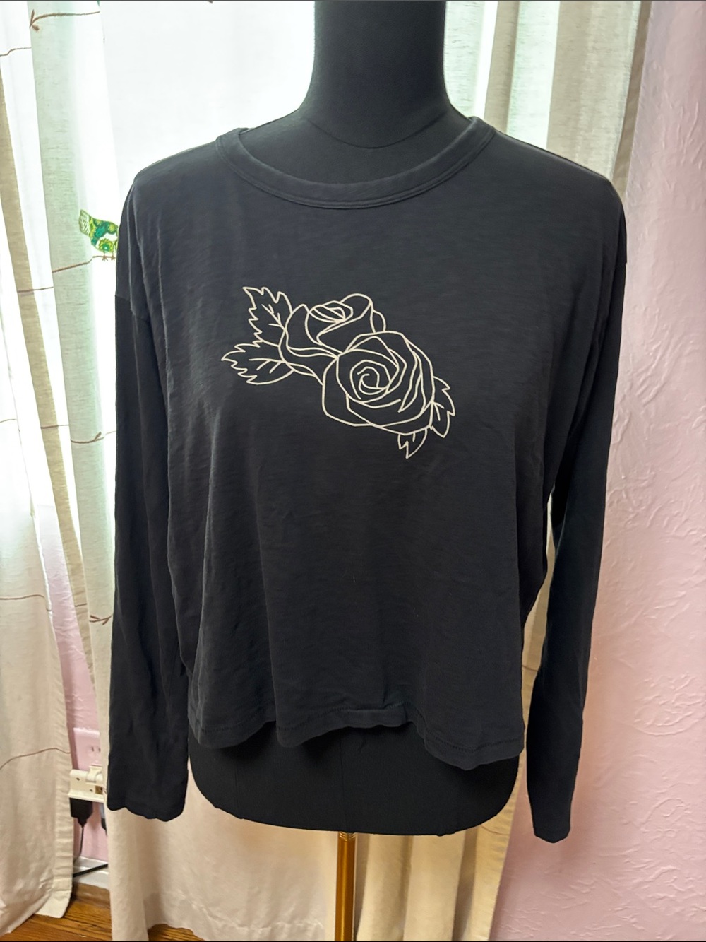 rag & bone Black Long-Sleeve Tee with White Rose Graphic